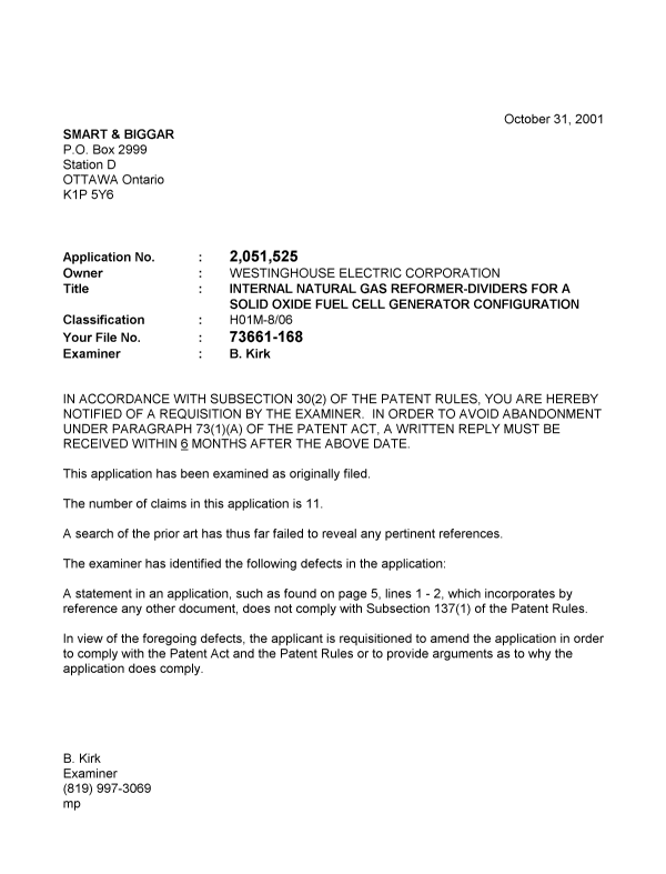 Canadian Patent Document 2051525. Prosecution-Amendment 20011031. Image 1 of 1