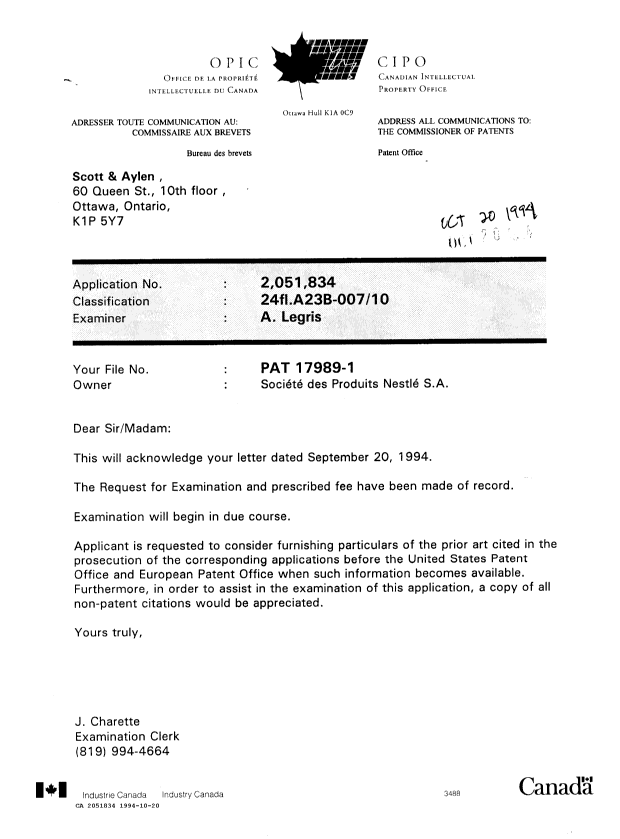 Document de brevet canadien 2051834. Lettre du bureau 19941020. Image 1 de 1