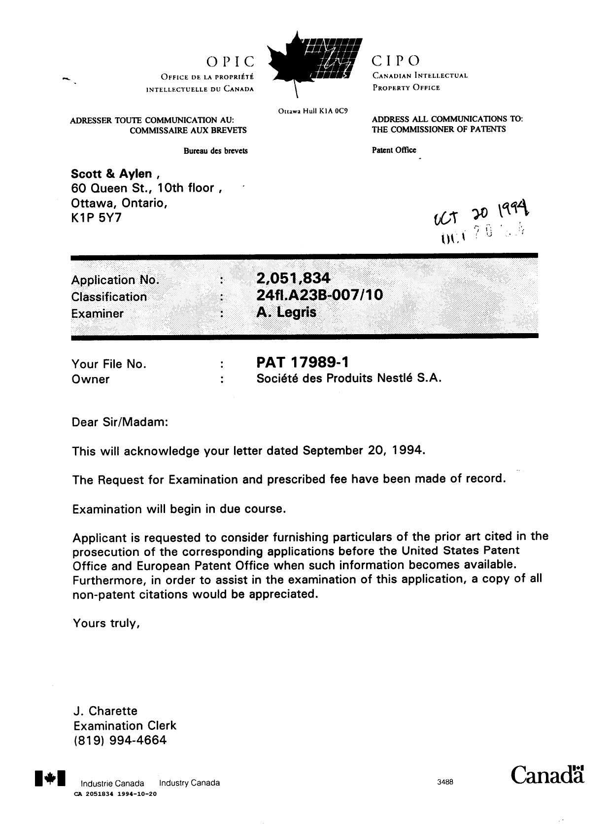 Canadian Patent Document 2051834. Office Letter 19941020. Image 1 of 1