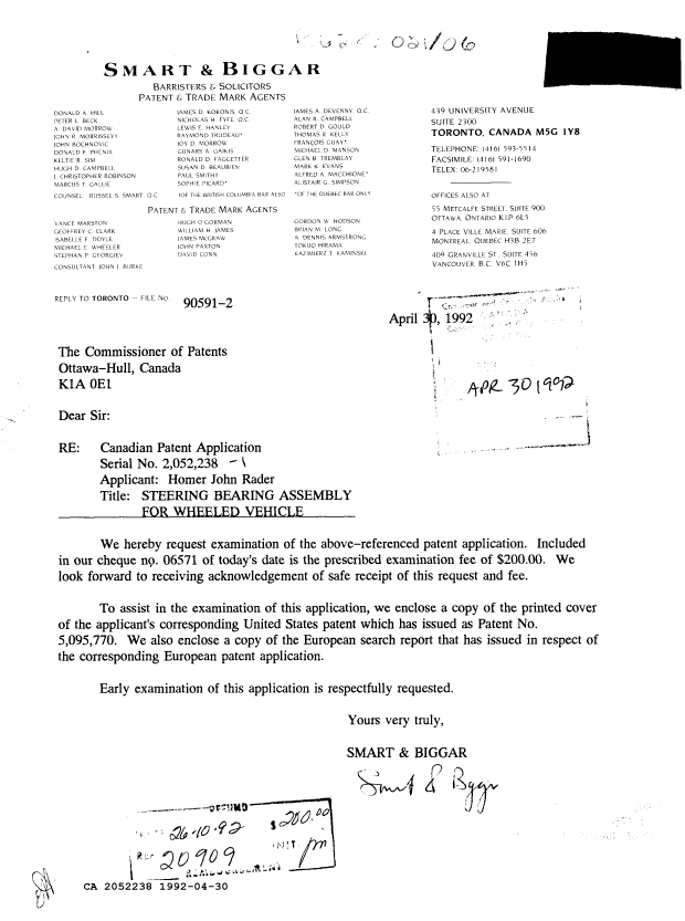 Document de brevet canadien 2052238. Correspondance de la poursuite 19920430. Image 1 de 4