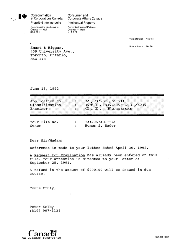 Document de brevet canadien 2052238. Lettre du bureau 19920618. Image 1 de 1