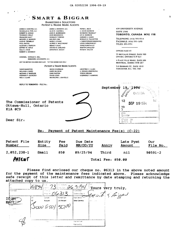 Document de brevet canadien 2052238. Taxes 19940919. Image 1 de 1