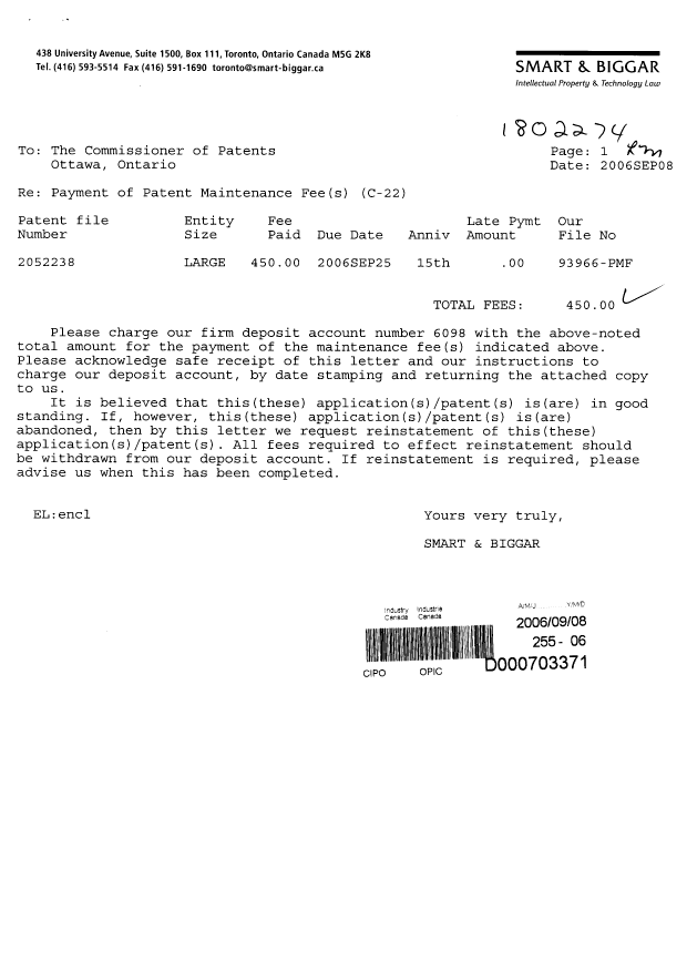 Document de brevet canadien 2052238. Taxes 20060908. Image 1 de 1