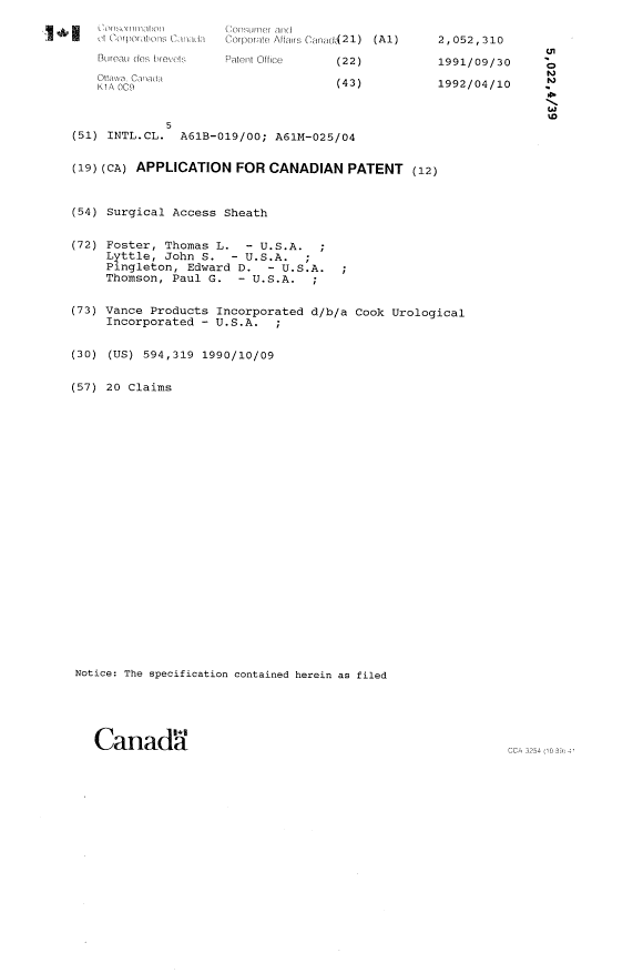 Document de brevet canadien 2052310. Page couverture 19920410. Image 1 de 1