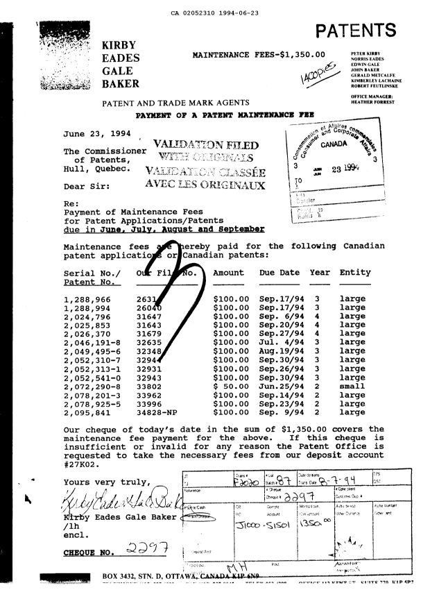 Canadian Patent Document 2052310. Fees 19931223. Image 1 of 1