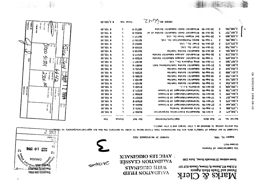 Canadian Patent Document 2052349. Fees 19940810. Image 1 of 1