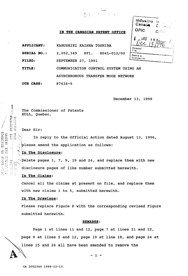 Canadian Patent Document 2052349. Prosecution-Amendment 19951213. Image 1 of 4