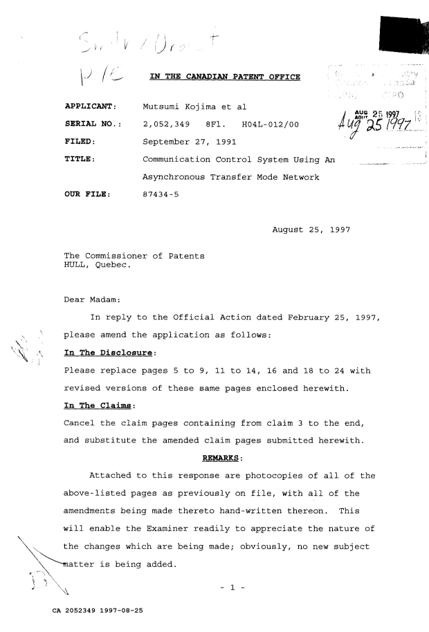 Canadian Patent Document 2052349. Prosecution-Amendment 19961225. Image 1 of 22