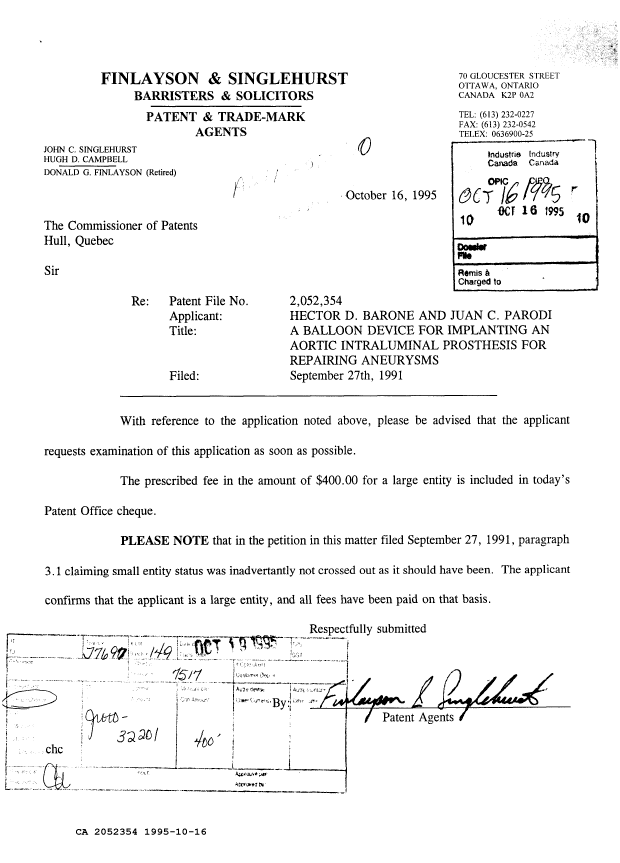 Document de brevet canadien 2052354. Correspondance de la poursuite 19951016. Image 1 de 1