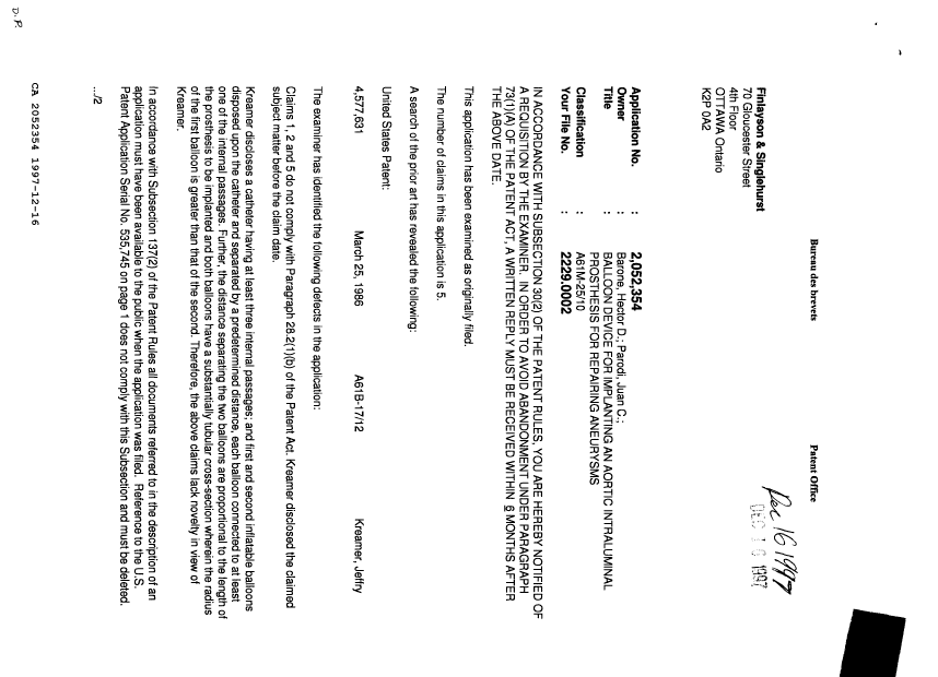 Document de brevet canadien 2052354. Demande d'examen 19971216. Image 1 de 2
