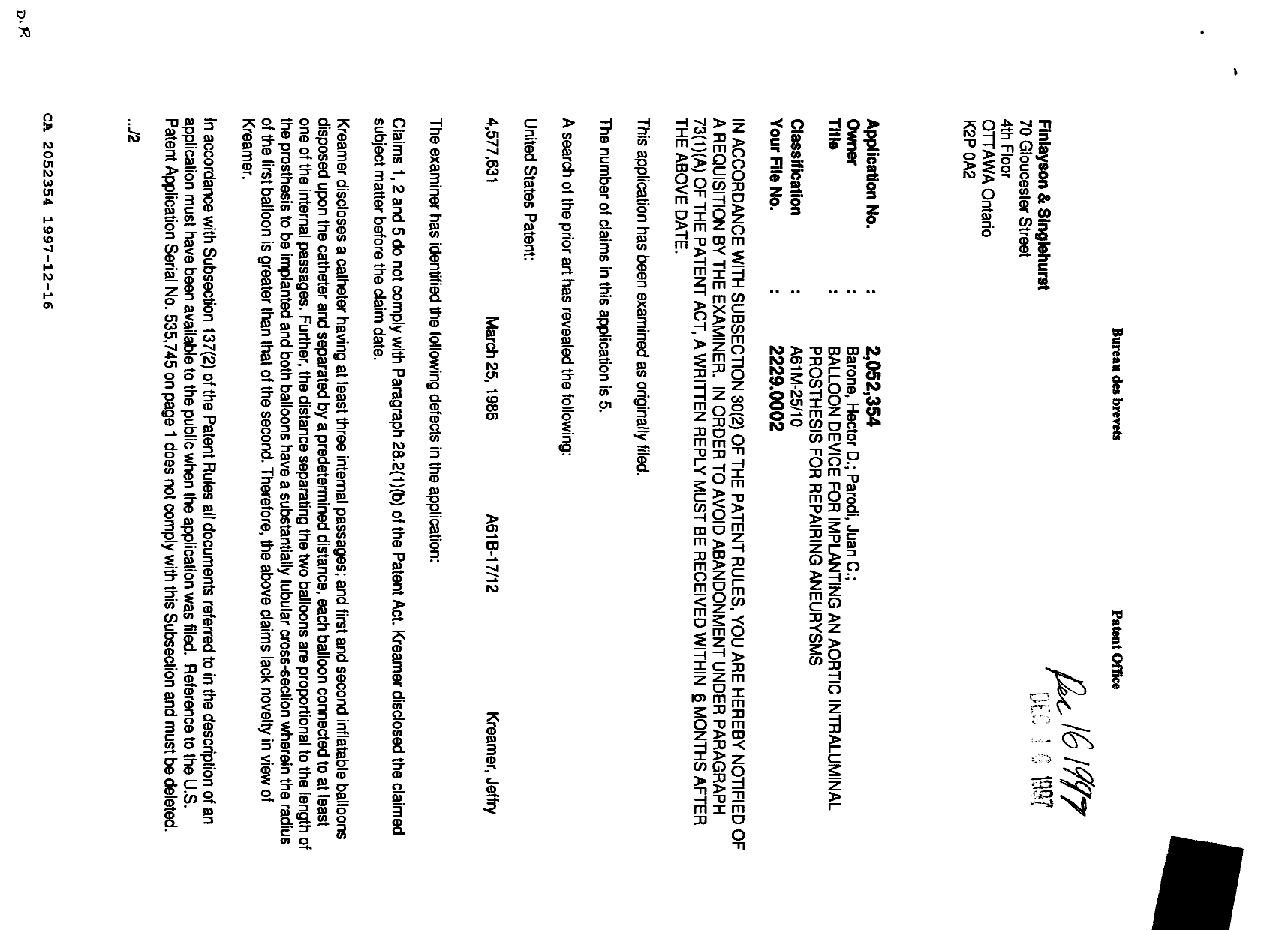 Canadian Patent Document 2052354. Examiner Requisition 19971216. Image 1 of 2