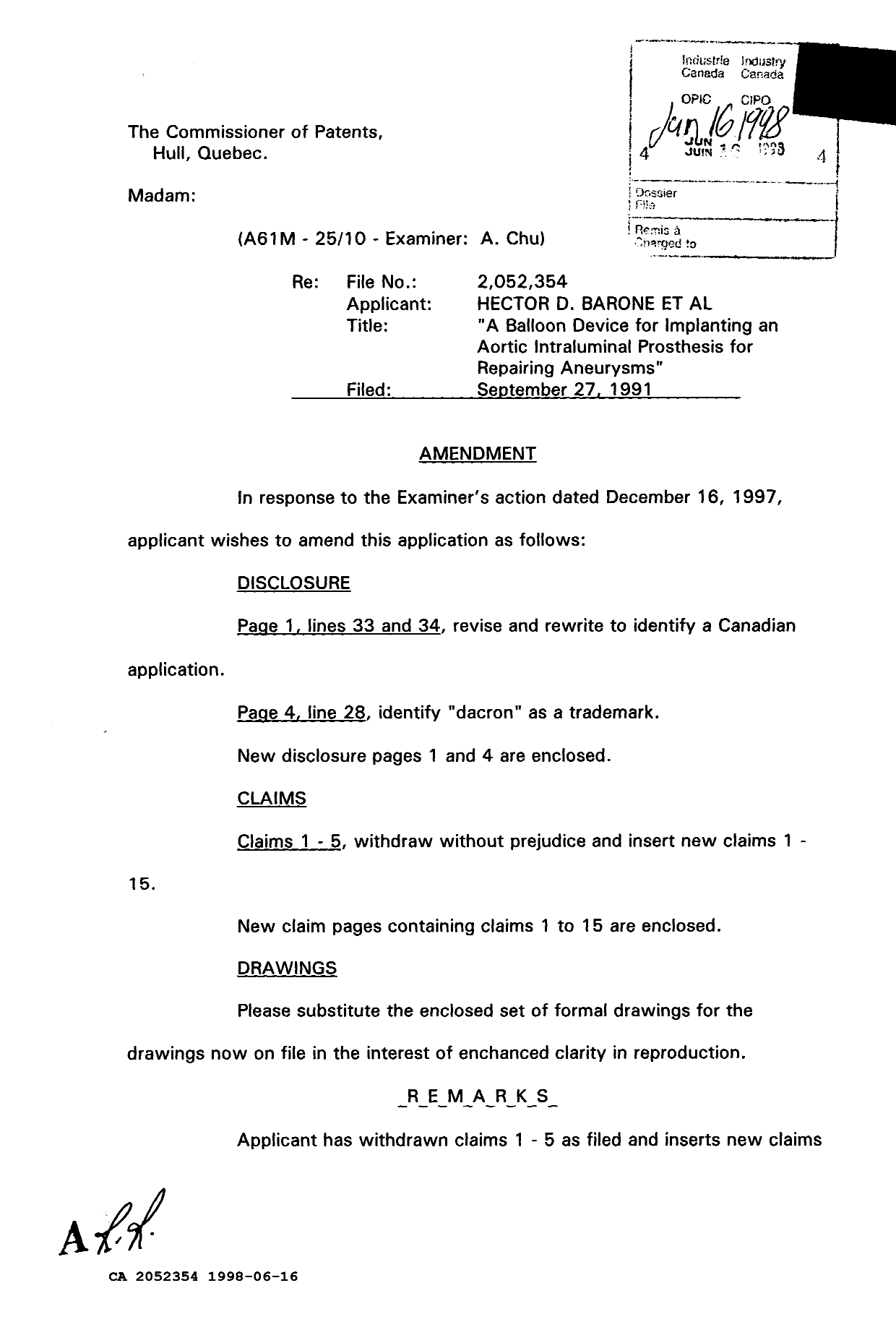 Canadian Patent Document 2052354. Prosecution Correspondence 19980616. Image 1 of 4