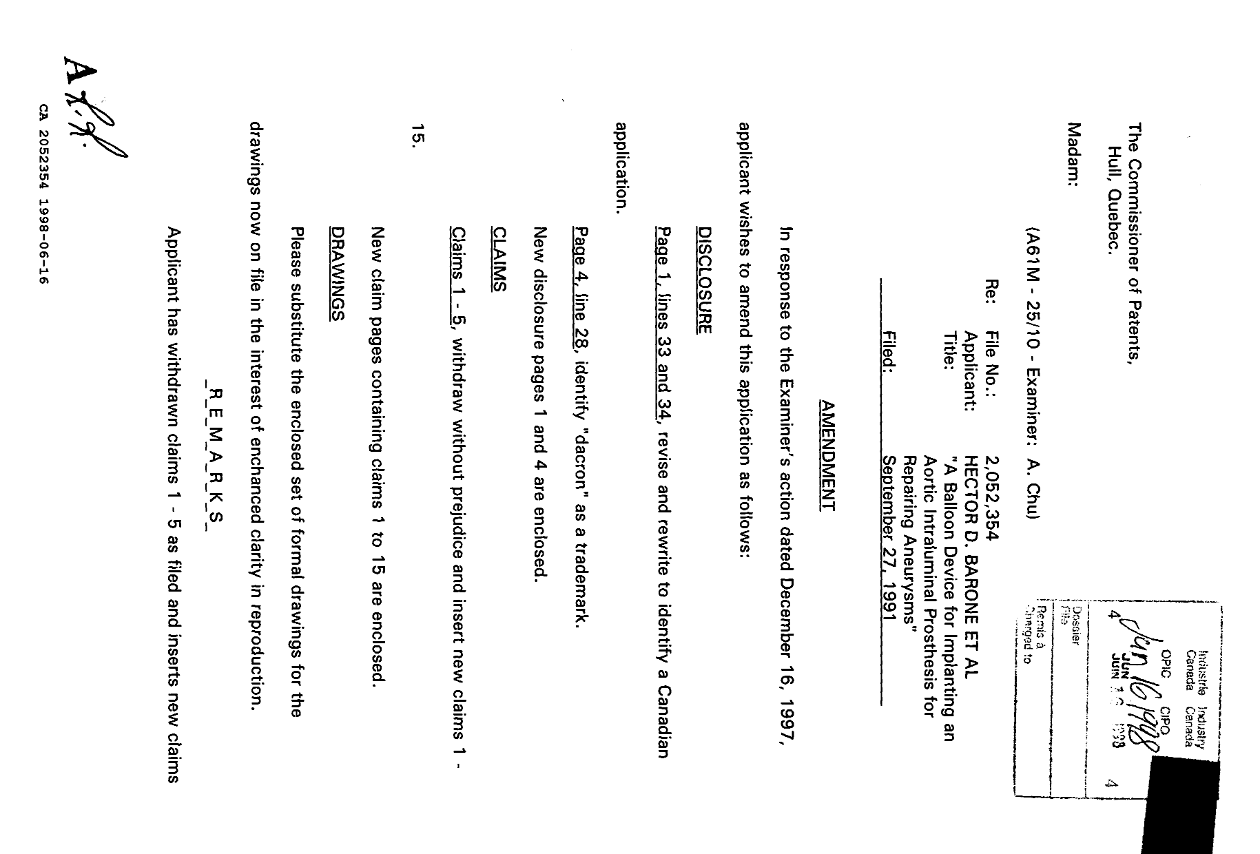 Canadian Patent Document 2052354. Prosecution Correspondence 19980616. Image 1 of 4