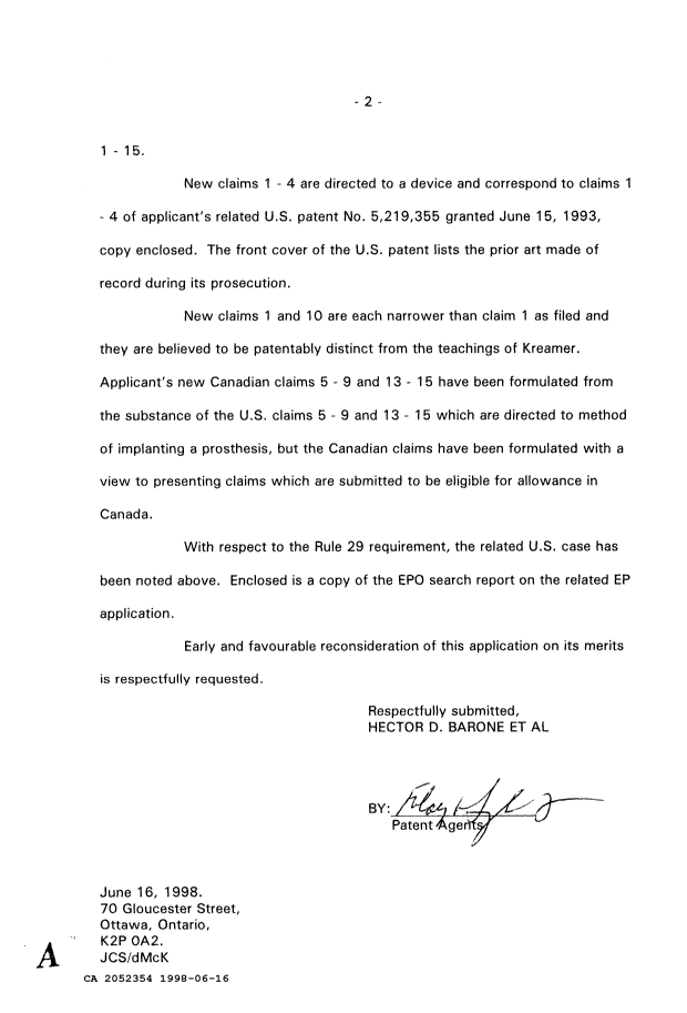 Canadian Patent Document 2052354. Prosecution Correspondence 19980616. Image 2 of 4