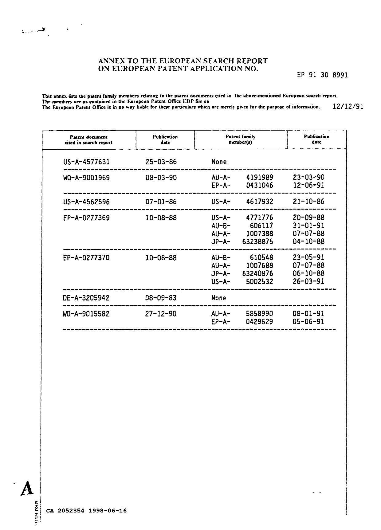Canadian Patent Document 2052354. Prosecution Correspondence 19980616. Image 4 of 4