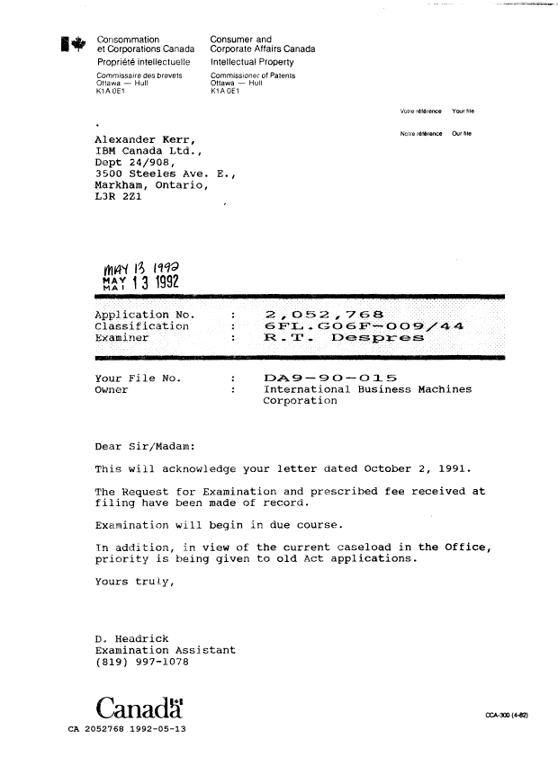 Canadian Patent Document 2052768. Office Letter 19920513. Image 1 of 1