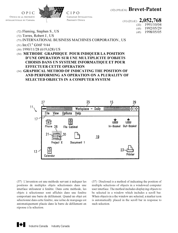 Canadian Patent Document 2052768. Cover Page 19980504. Image 1 of 1