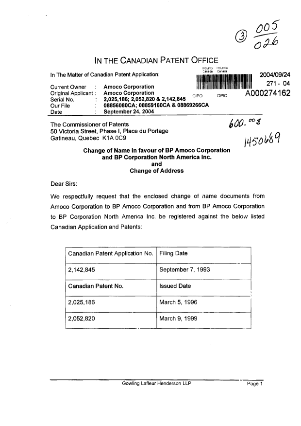 Canadian Patent Document 2052820. Correspondence 20031224. Image 1 of 2