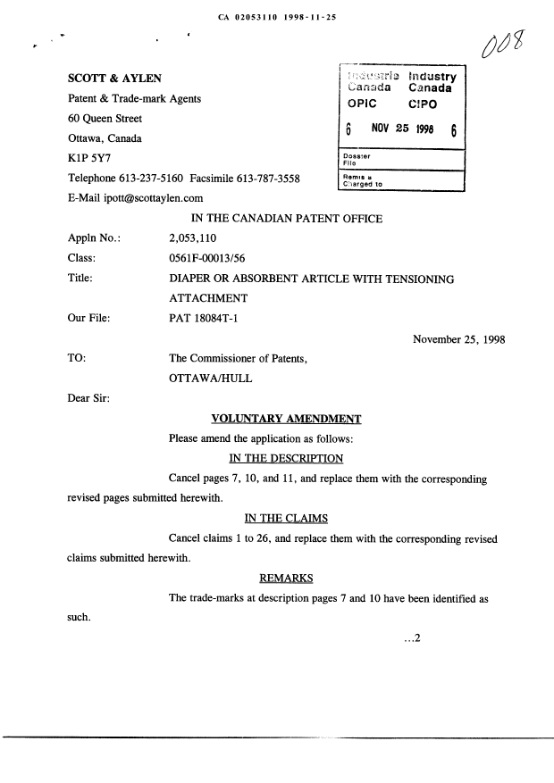 Canadian Patent Document 2053110. Prosecution-Amendment 19981125. Image 1 of 9