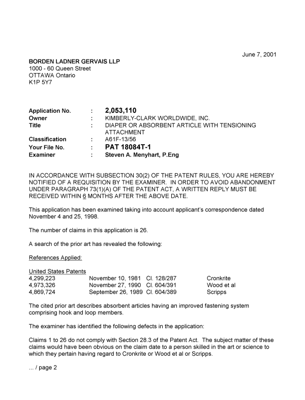 Canadian Patent Document 2053110. Prosecution-Amendment 20010607. Image 1 of 3