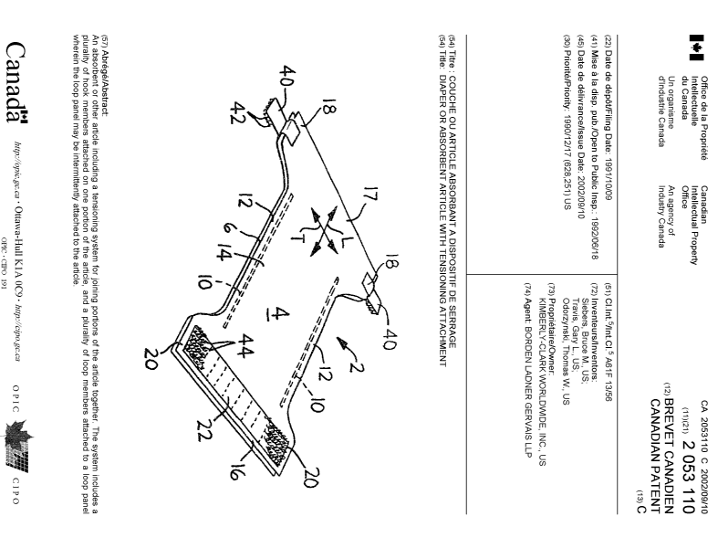 Canadian Patent Document 2053110. Cover Page 20020806. Image 1 of 1