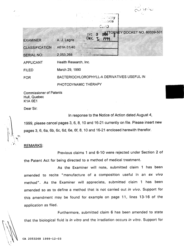 Canadian Patent Document 2053268. Prosecution Correspondence 19991203. Image 1 of 2