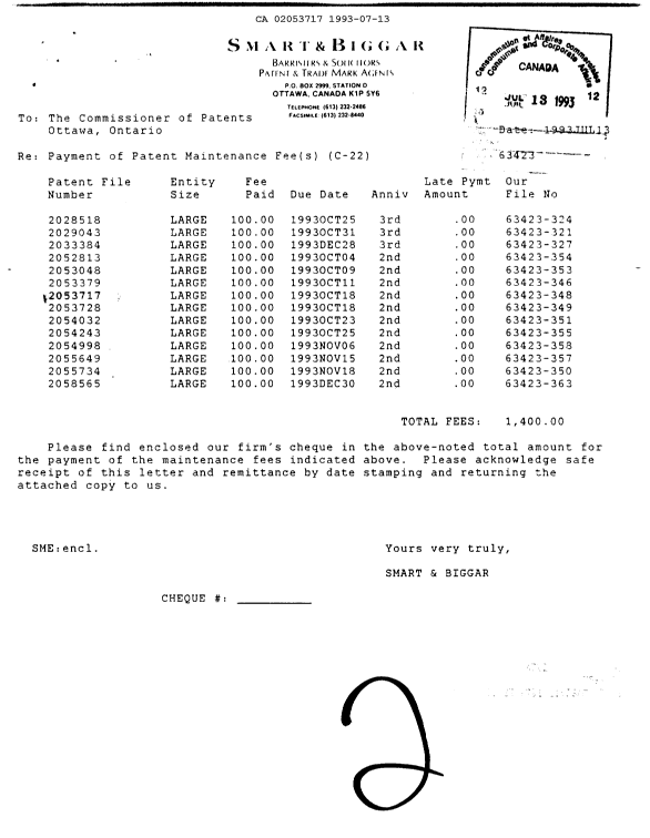 Canadian Patent Document 2053717. Fees 19930713. Image 1 of 1