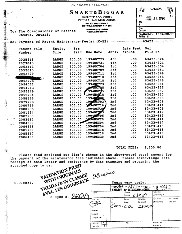 Canadian Patent Document 2053717. Fees 19940711. Image 1 of 1