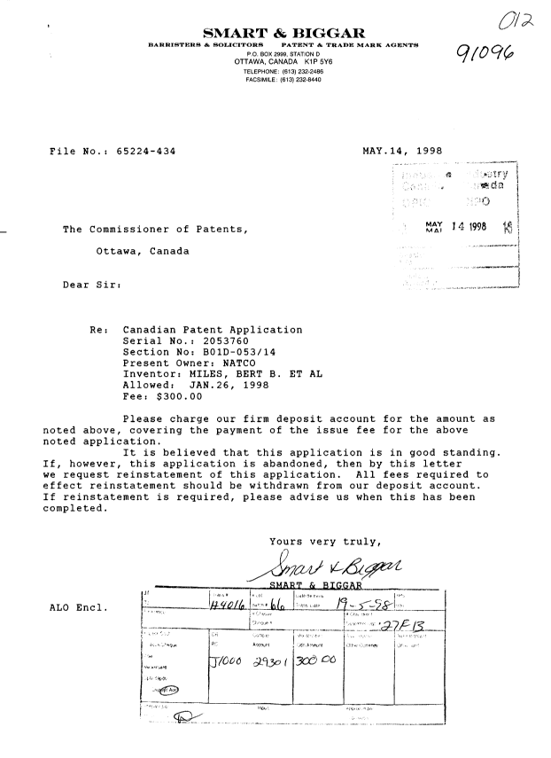 Document de brevet canadien 2053760. Correspondance 19980514. Image 1 de 1