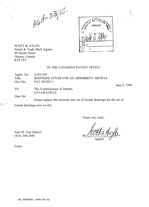Document de brevet canadien 2053930. Correspondance de la poursuite 19940622. Image 1 de 1