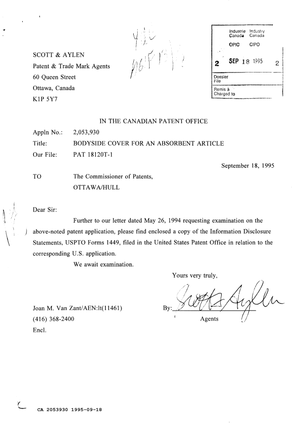 Document de brevet canadien 2053930. Correspondance de la poursuite 19950918. Image 1 de 7