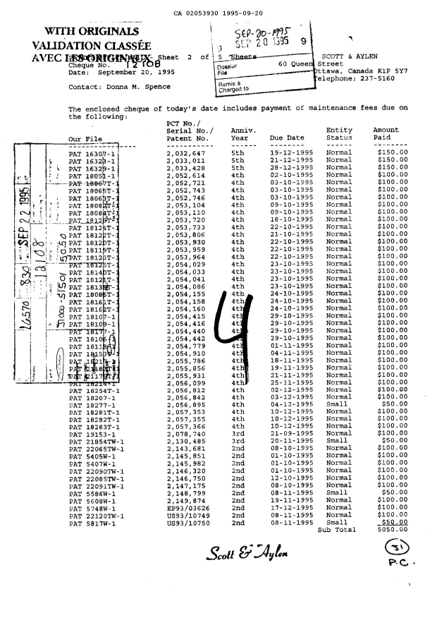 Document de brevet canadien 2053930. Taxes 19950920. Image 1 de 1