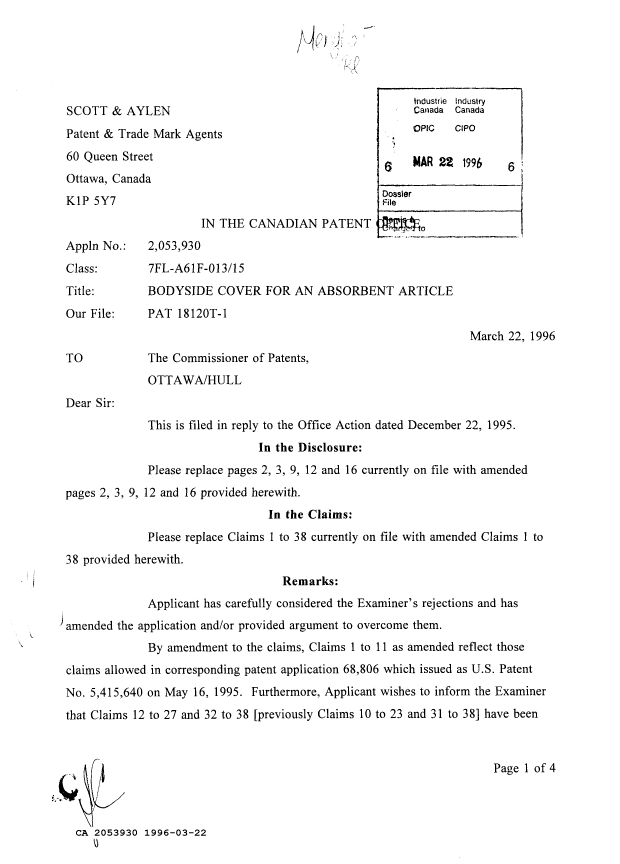 Canadian Patent Document 2053930. Prosecution Correspondence 19960322. Image 1 of 4