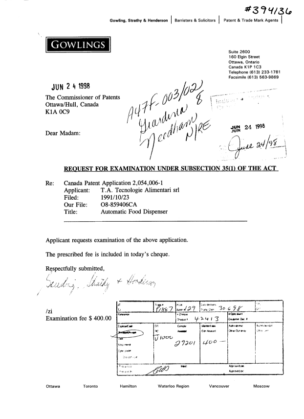 Canadian Patent Document 2054006. Prosecution-Amendment 19980624. Image 1 of 1