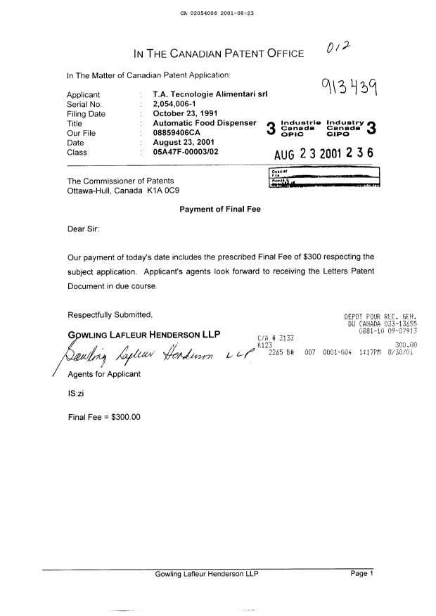 Canadian Patent Document 2054006. Correspondence 20010823. Image 1 of 1