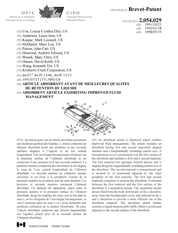 Document de brevet canadien 2054029. Page couverture 19980506. Image 1 de 1
