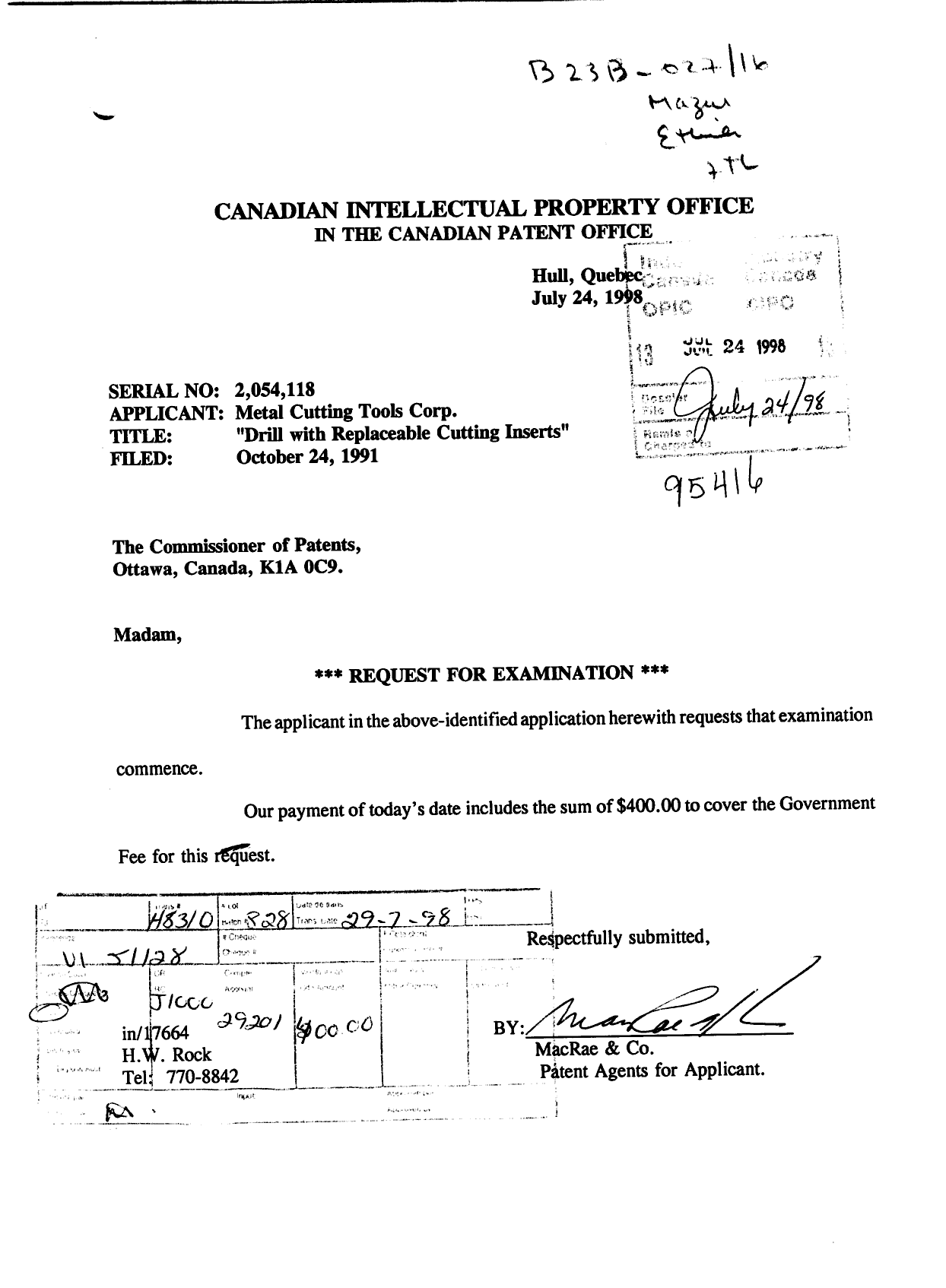 Canadian Patent Document 2054118. Prosecution-Amendment 19980724. Image 1 of 1