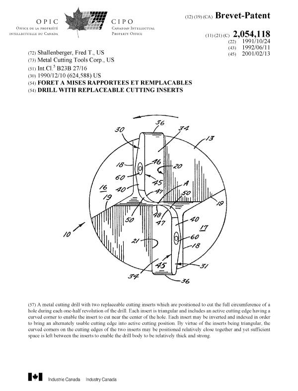 Canadian Patent Document 2054118. Cover Page 20010118. Image 1 of 1