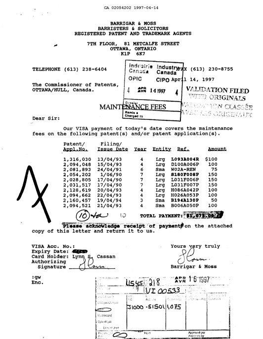 Canadian Patent Document 2054202. Fees 19970414. Image 1 of 1