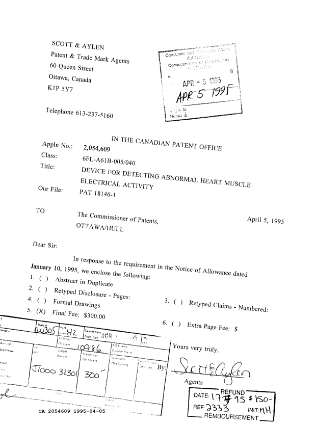 Canadian Patent Document 2054609. Correspondence 19941205. Image 1 of 1