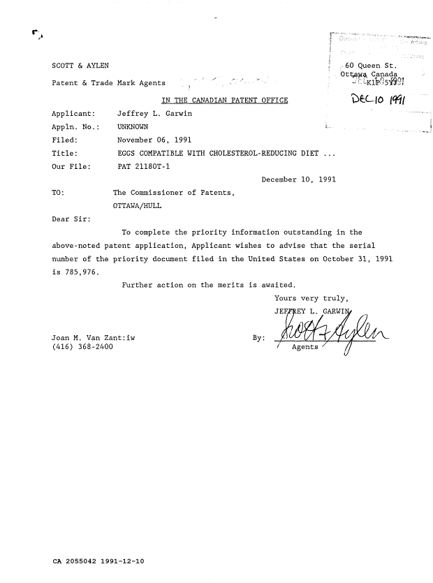 Canadian Patent Document 2055042. Prosecution Correspondence 19911210. Image 1 of 1