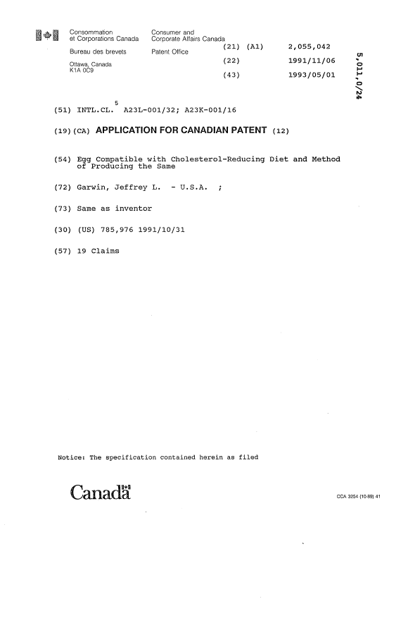 Canadian Patent Document 2055042. Cover Page 19931120. Image 1 of 1