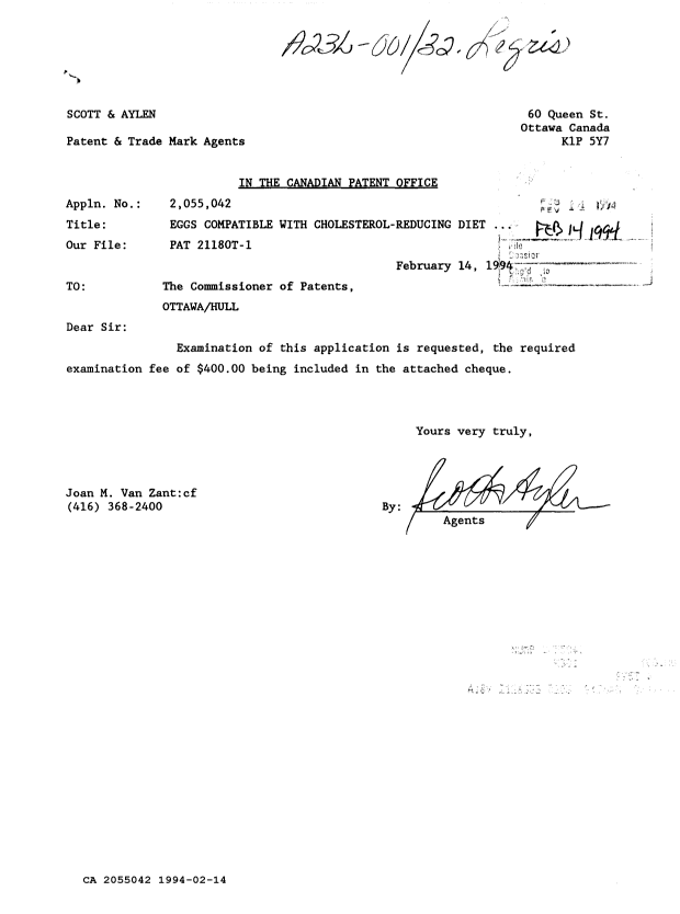 Canadian Patent Document 2055042. Prosecution Correspondence 19940214. Image 1 of 1