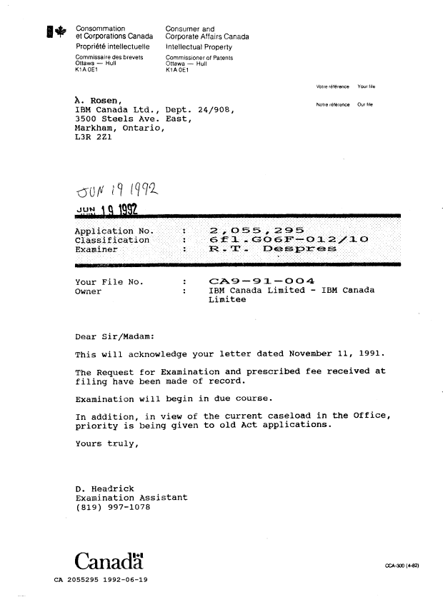 Canadian Patent Document 2055295. Office Letter 19920619. Image 1 of 1
