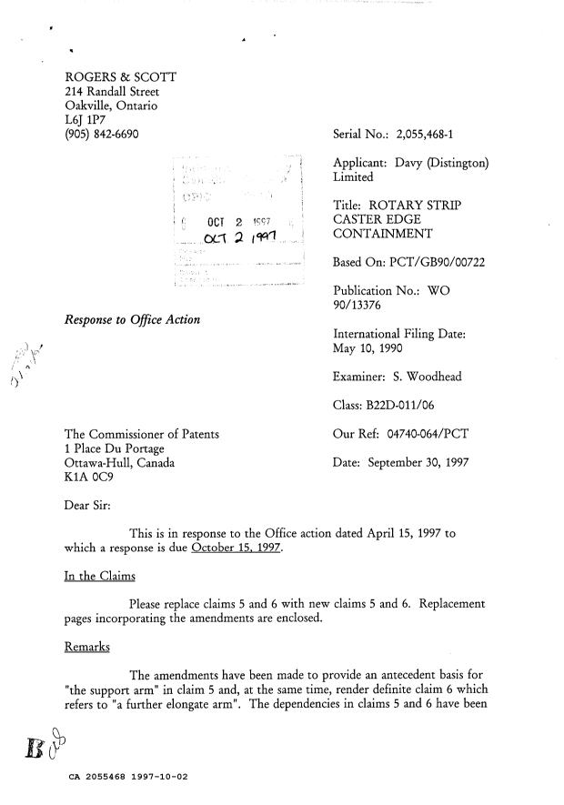 Canadian Patent Document 2055468. Prosecution Correspondence 19971002. Image 1 of 2