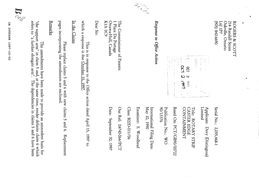 Canadian Patent Document 2055468. Prosecution Correspondence 19971002. Image 1 of 2