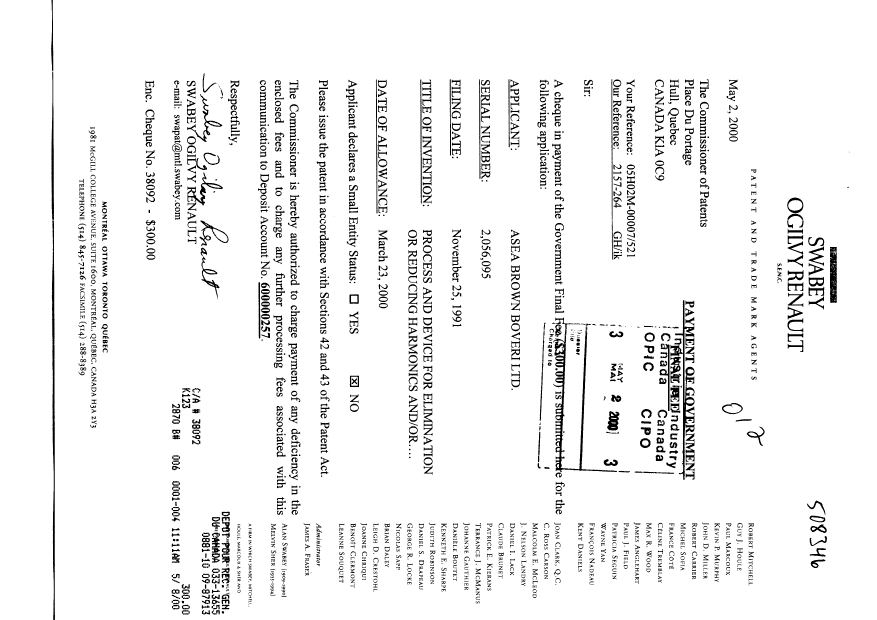 Canadian Patent Document 2056095. Correspondence 20000502. Image 1 of 1