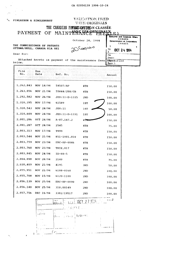 Document de brevet canadien 2056139. Taxes 19941024. Image 1 de 1