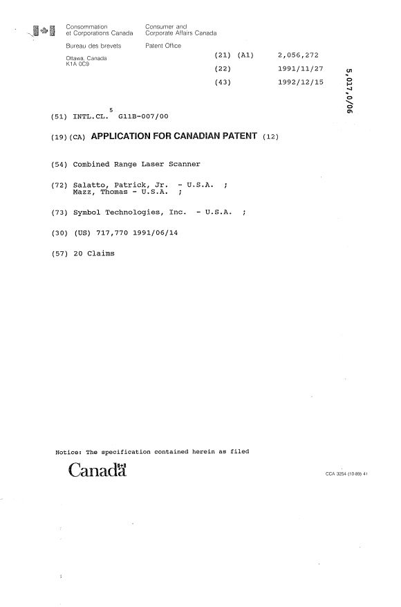 Document de brevet canadien 2056272. Page couverture 19931215. Image 1 de 1