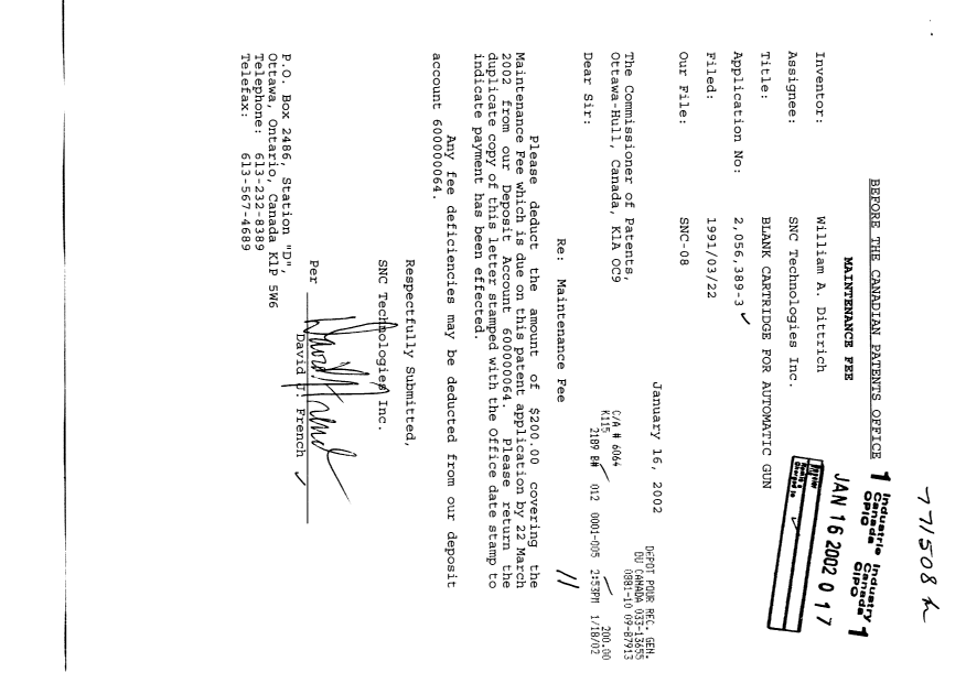 Canadian Patent Document 2056389. Fees 20020116. Image 1 of 1